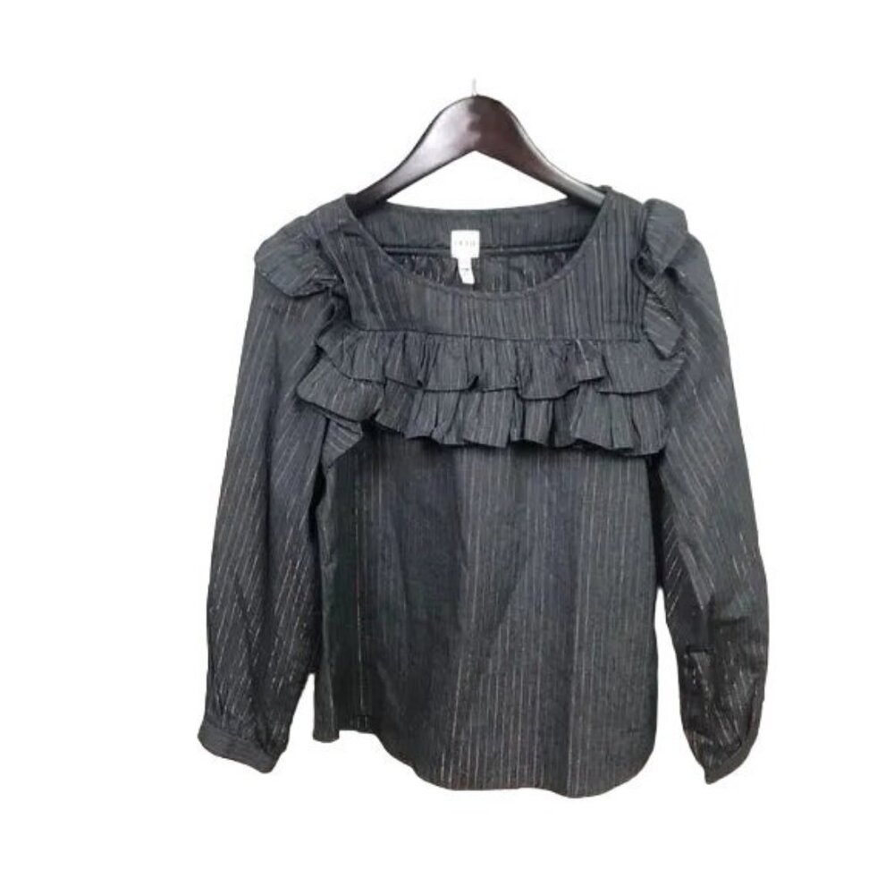 Rebecca Taylor Gray Lurex Ruffle Peasant Long Sleeve Blouse - Picture 3 of 5